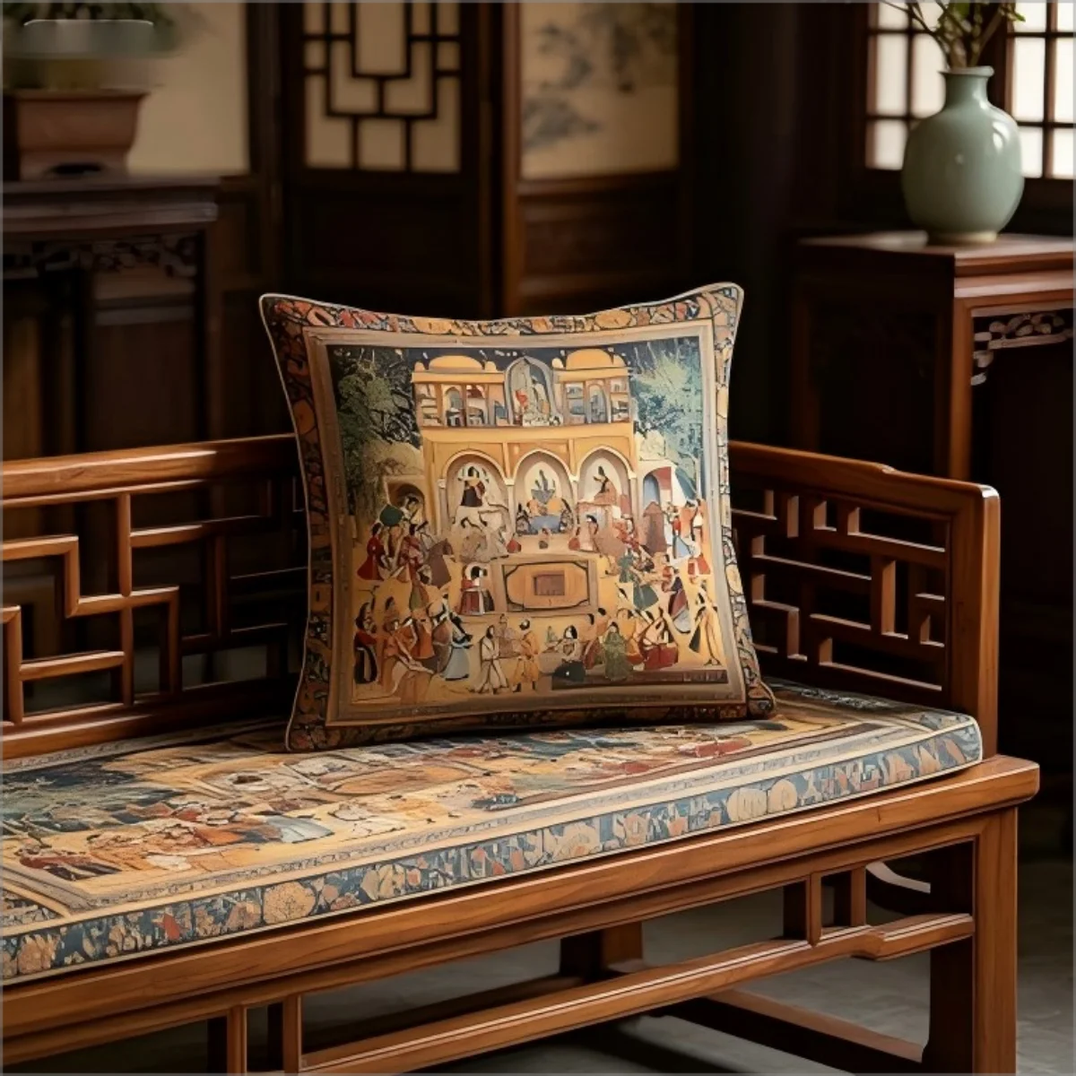 Antique Mughal Painting Print Pillow Cover Ethnic Indian Royal Court Art Decorative Cushion Case Vintage Bohemian Home Decor