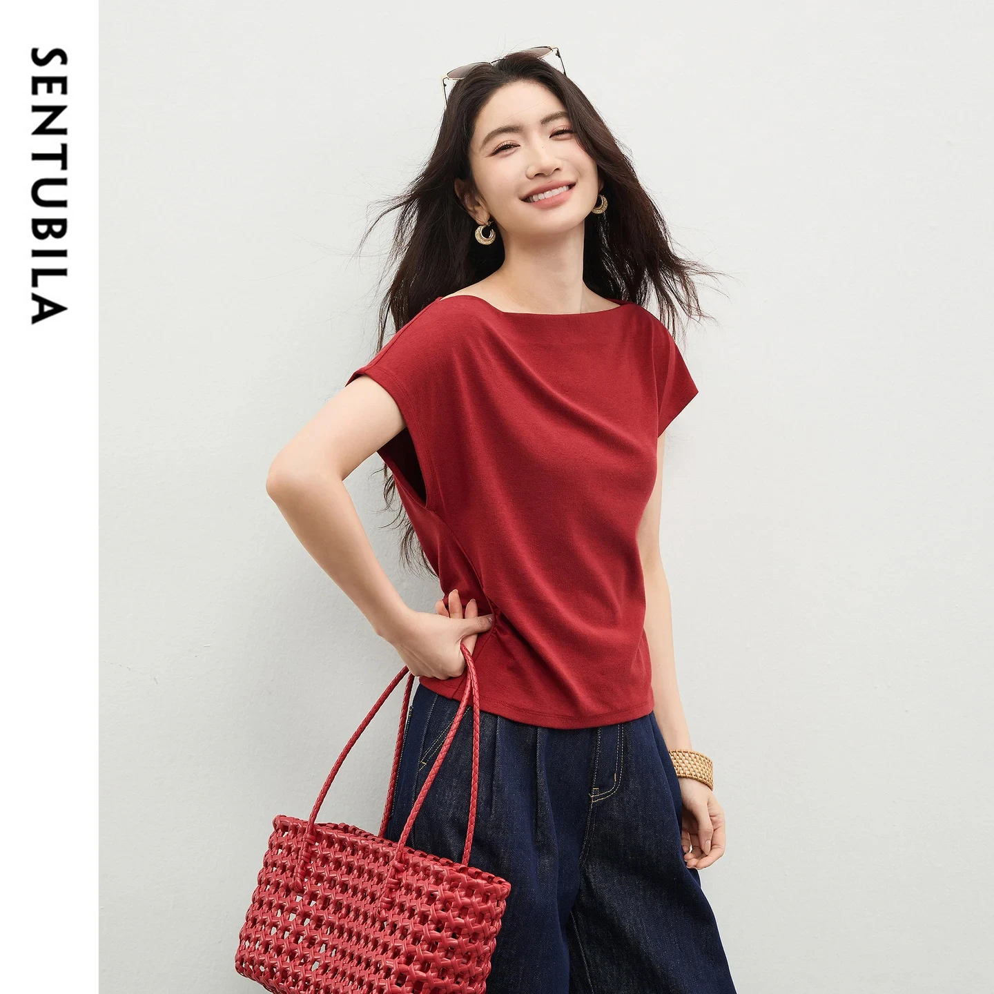 SENTUBILA Women's Two-Way Neck Top 2026 Summer New Hollow Out Back Waist Ruched Tie Slim Casual Short Sleeve T-shirt 162TA6143