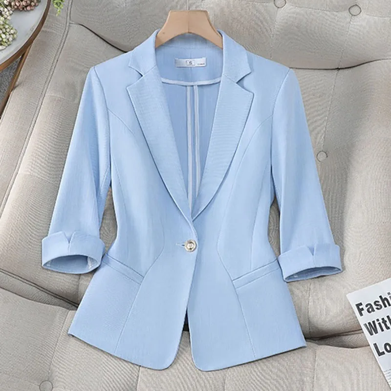 Spring Summer Women Blazer Seven Points Sleeve Small Suit Coat Korean Female Solid Blazer Jacket Ladies New Leisure Fashion Tops