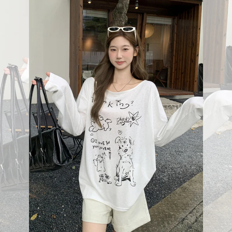 

2025 Summer New Korean Style Letter Print Design Sun Protection Blouse for Women, Loose Slimming Off-Shoulder Long Sleeve Top