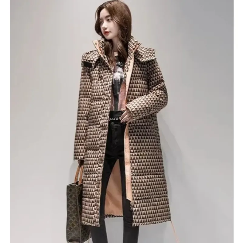 Winter Hooded Plaid Over The Knee Long Fashion Loose Down Jacket Women's Plaid Medium Long Thick Warm Coat