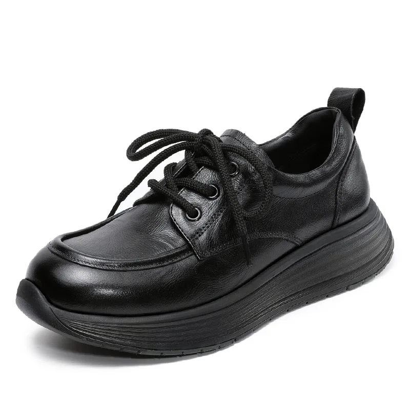 DRKANOL 2026 Fashion Women Flat Platform Shoes Spring Autumn Retro Style Cow Genuine Leather Lace-Up Comfort Casual Single Shoes