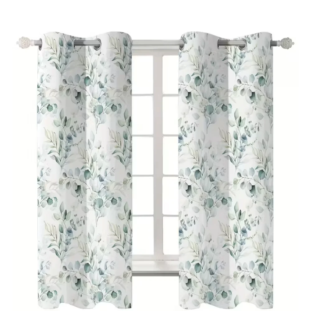 

VIKAMA 2pc Vintage Eucalyptus Leaf Print Curtains, For Living Room, Bedroom, Study Room, Bathroom, Privacy Protection Home Decor