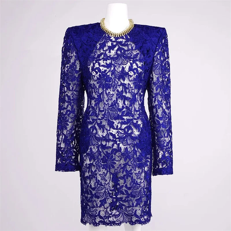 

Women's dress 2025 Winter new Lace embroidery mini dress shoulder pad slim fit short dress Sexy hollowed out party dresses y2k