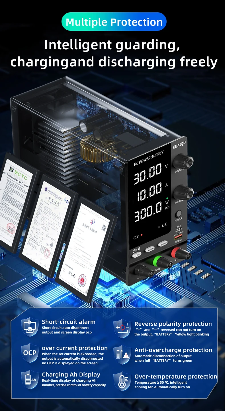 KUAIQU Lab Bench Power Supply Adjustable 3.7V 4.8V 12V 24V 48V 60V 72V 100V Battery Charging For R&D,Activate battery,BMS Test
