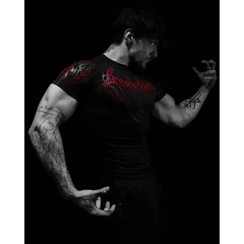 QICHE Men Dark American Style Stretch Short Sleeve Tight Top Summer Gym Workout Elastic Breathable Fitness Sports Shirt