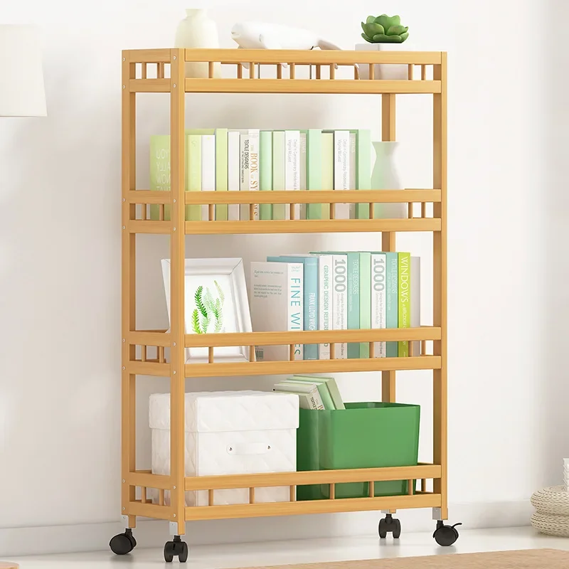 Multi-tier Bamboo Storage Shelf-Narrow Kitchen Rack with Wheels Floor Standing Bathroom Organizer Storage Rack