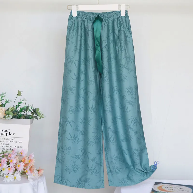 Spring Fall Cotton Linen Jacquard Sleepwear Retro Wide Leg Pants Casual Loose Versatile Home Pant Women Pajamas Trousers