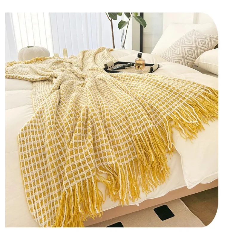 Modern Plaid Tassels Bed Flag Bed Tail Scarf  Runner Upscale Household Bedroom Hotel  Flag Bed End Towel  End Blanket