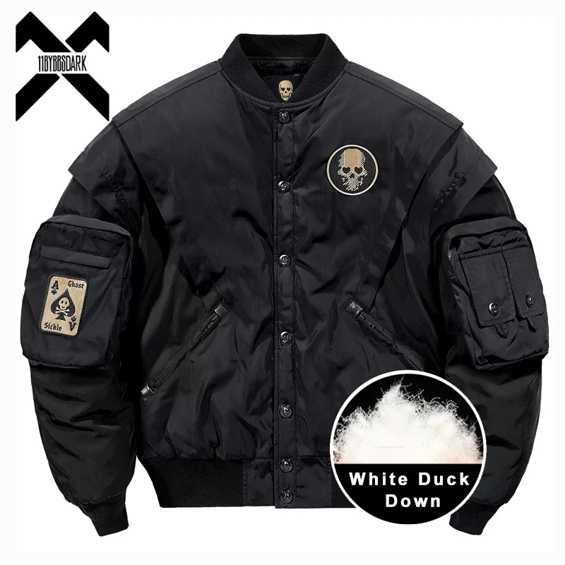

2025 Winter Functional Down Jacket Skull Embroidery Tactical White Duck Down Jacket Warm Bomber Outwear Coat Hip Hop Streetwear