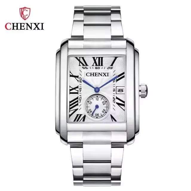 

CHENXI 8216 Men's Quartz Watches Fashion Business Simple Silvery Stainless Steel Strap Square Wristwatches for Male Gift