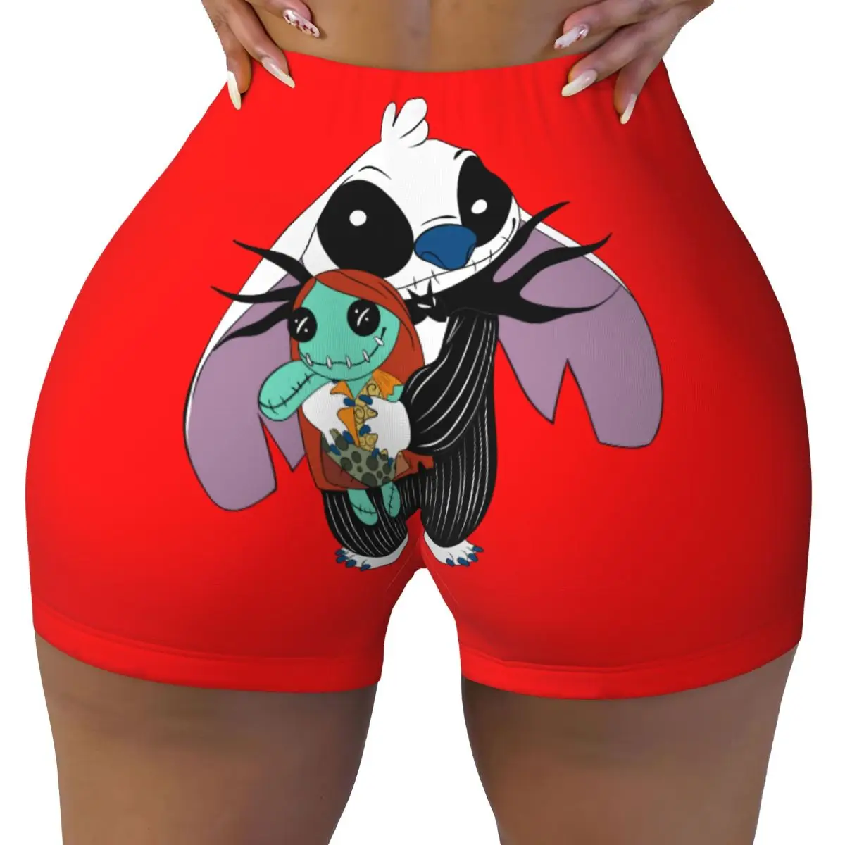 

Custom Nightmare Before Christmas Stitchs Biker Running Workout Shorts Women Funny Anime Gym Athletic Yoga Shorts