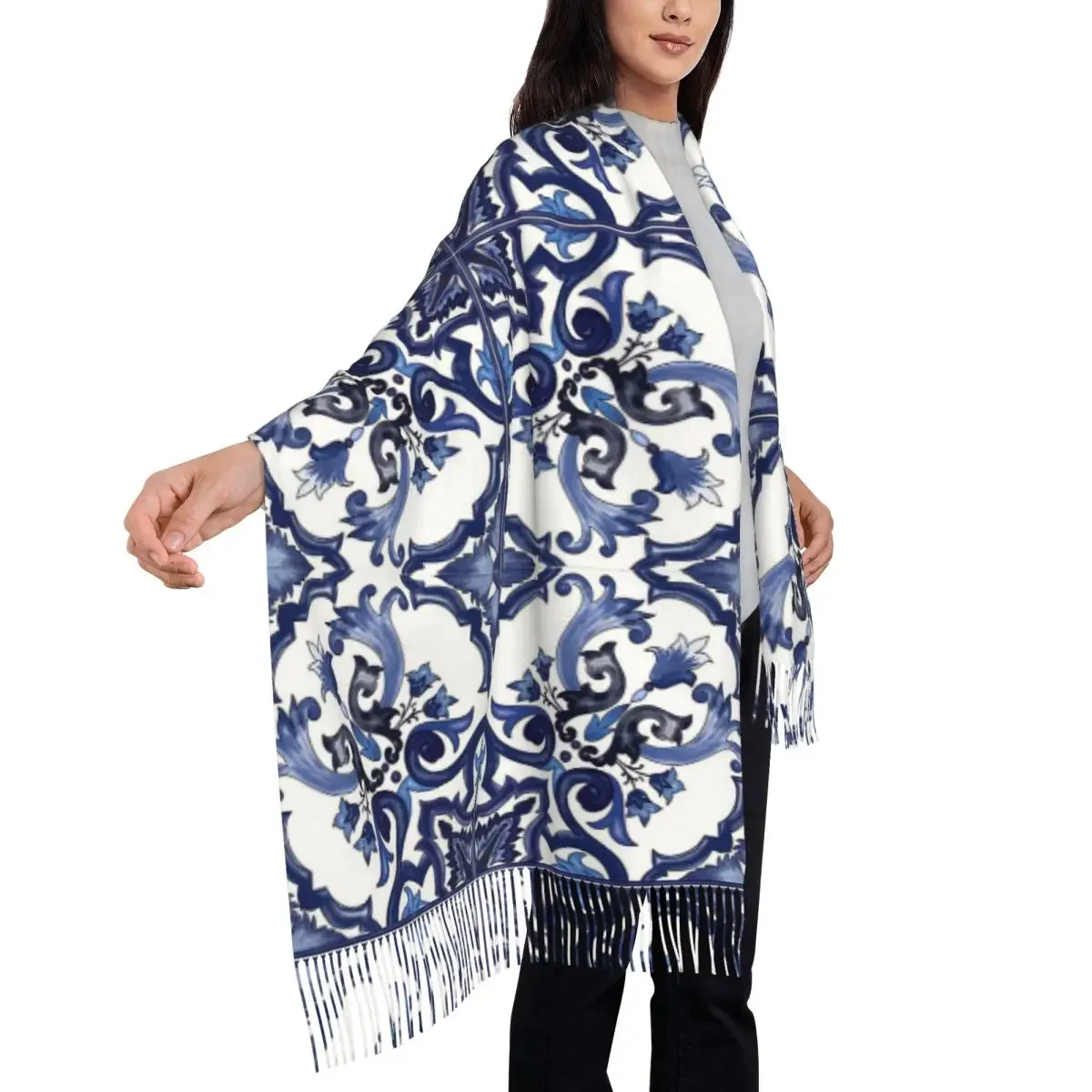 

Синий декоративный цветочный средиземноморский сицилийский шарф из плитки, шарфы с кисточками, женские теплые шали и накидки, большая осенне-зимняя шаль