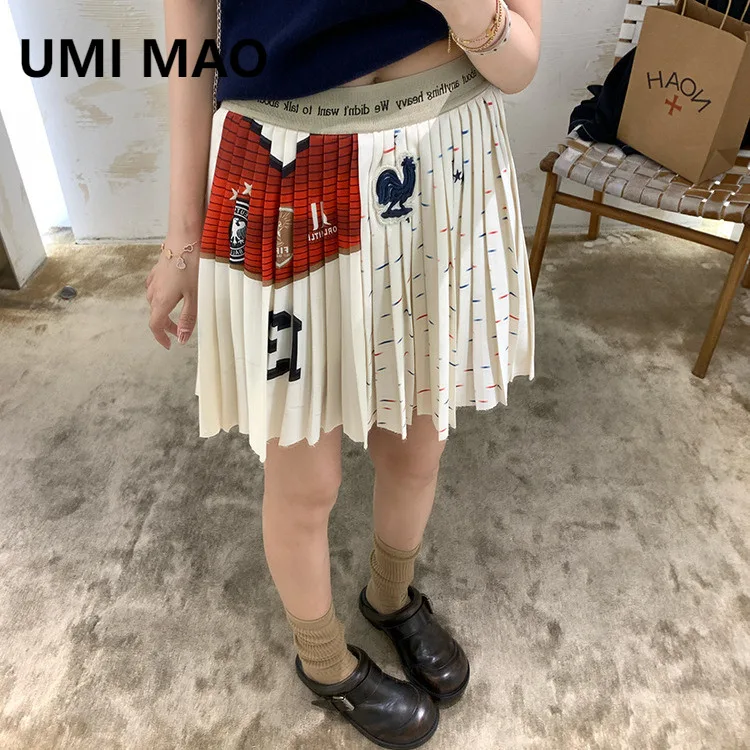 UMI MAO Japanese Style Half Skirt For Women Ballet Style Jacquard Waist White Pleated Skirt For Women