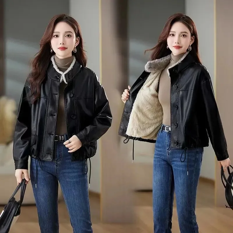 High-Quality PU Leather Coat Women Short Autumn Winter 2024 New Fur Collar locomotive Jacket Add Velvet Warm Outwear Female Tops