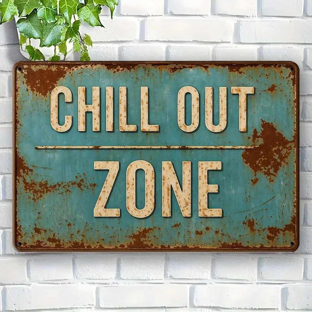 علامة معدنية "Chill Out Zone" - 20.32 × 30.48 سم ديكور عتيق متعثر لمساحات الاسترخاء