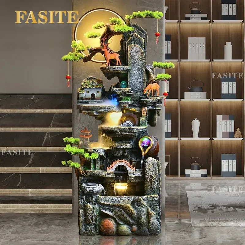 Indoor Rockery Water Fountain with Humidifier Atomizer Lucky Feng Shui Decor for Living Room Entrance Courtyard Fish Tank