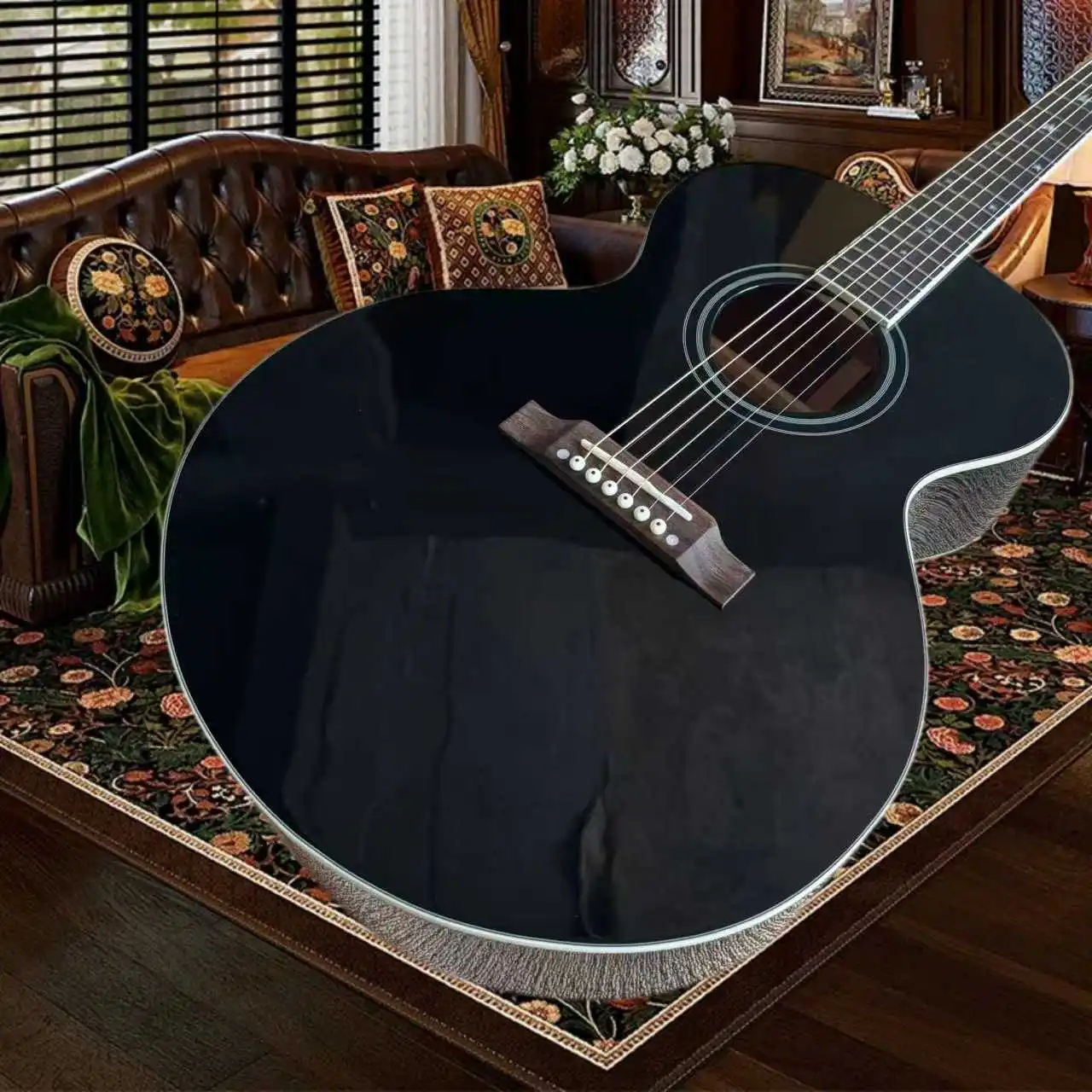 Black J180 Acoustic Guitar Mahogany Back Sides Rosewood Fingerboard Crisp Balanced Tone Cool Look Perfect Stage Performance