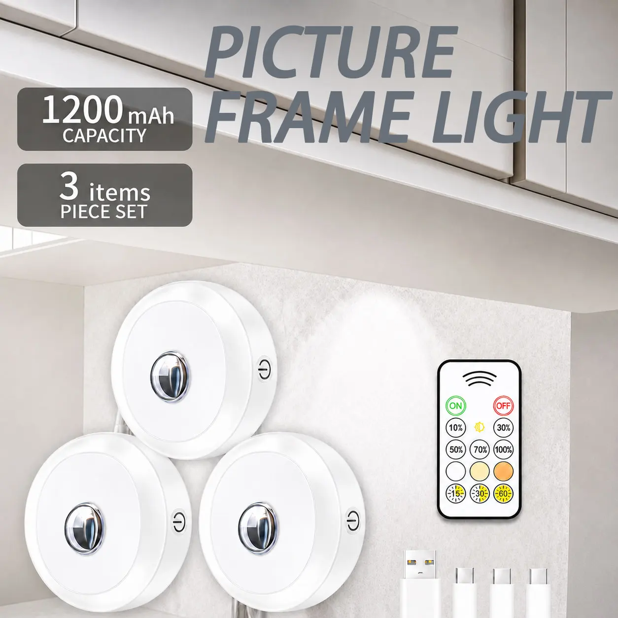 

Type-C Rechargeable Puck Lamp LED Display Light Remote Dimmable Wireless Cabinet Lighting for Wall Picture Shelf Closet Decor