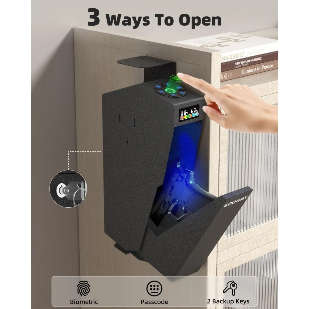 Biometric Gun Safe for Pistols, Single Mount Bedside Pistol Safe Fingerprint Quick Access Drop Down Gun Lock Box for Vehicle Nig