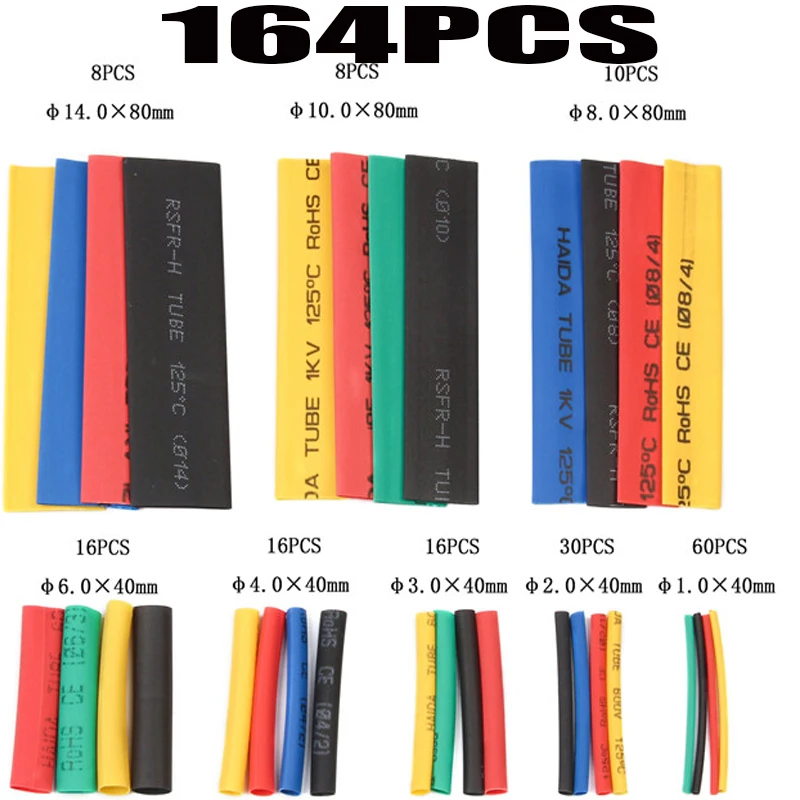 

164Pcs Heat Shrink Tube Polyolefin Assorted Set Wire Cable Connector Insulated Sleeving Tubing Cable Protector Hardware Parts