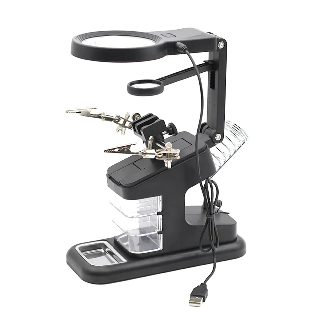 KATWAY 3In1 Welding Magnifying Glass LED Light Auxiliary Clip  Loupe Magnifier Hand Soldering Iron Stand Holder Station HH-AA82