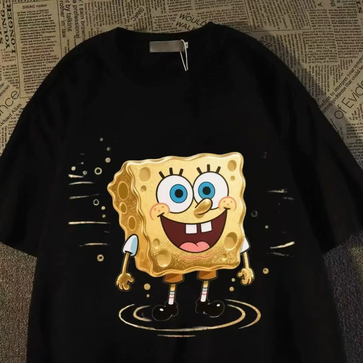 

Vintage SpongeBob Print T‑Shirt for Men Women Casual Crew Neck Short Sleeve Top Fashion Couple Tee Cartoon Graphic Daily Wear