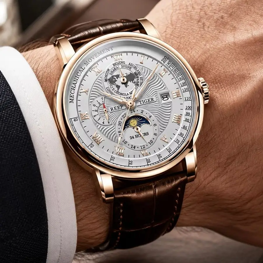 Reef Tiger Men's Automatic Mechanical Watch 42.5mm Luxury Wristwatch Sapphire Crystal Luminous Multi Dial World Time Week Date