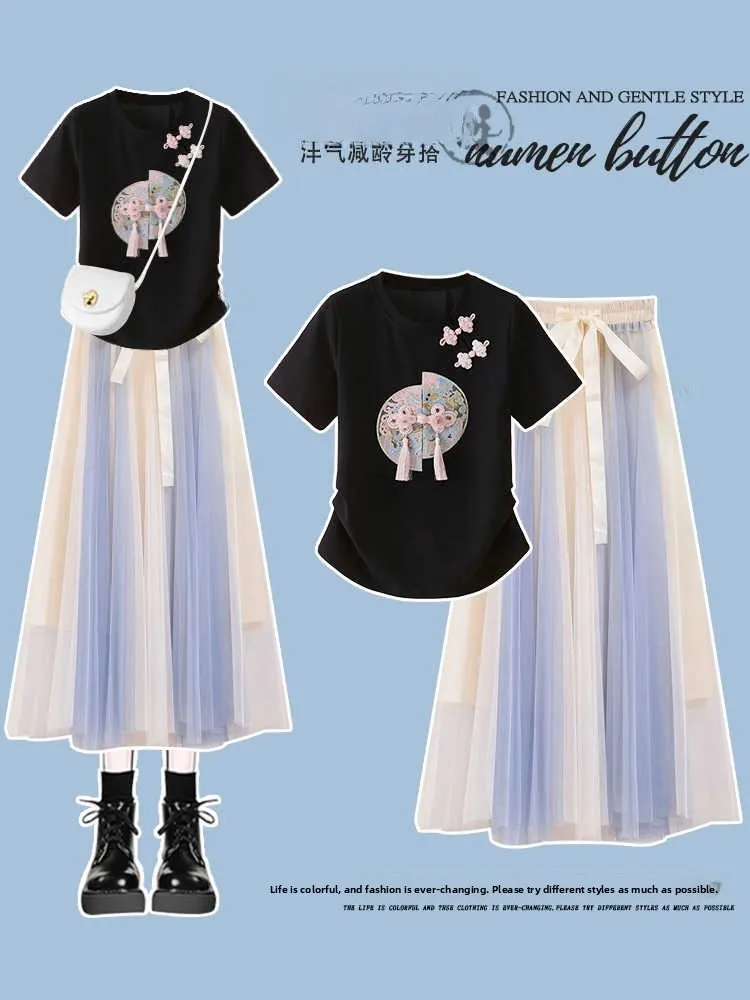 Tenue d'été blanc ort Sve t-shirt et jupe ensemble deux pièces nouveau chinois Sle femmes Faion taille haute jupe trapèze
