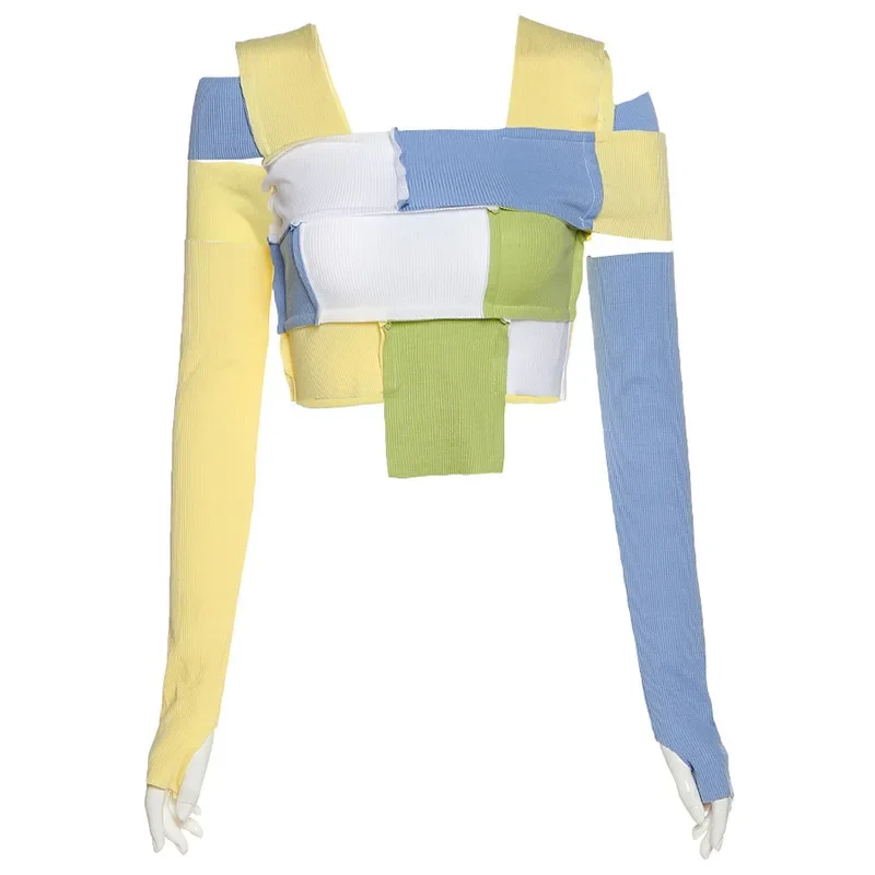 Summer Casual Square Collar Off Shoulder Patchwork Slim Crop Top Women's Clothes Fashion Sexy Knitted High Street Tee Shirt 2024