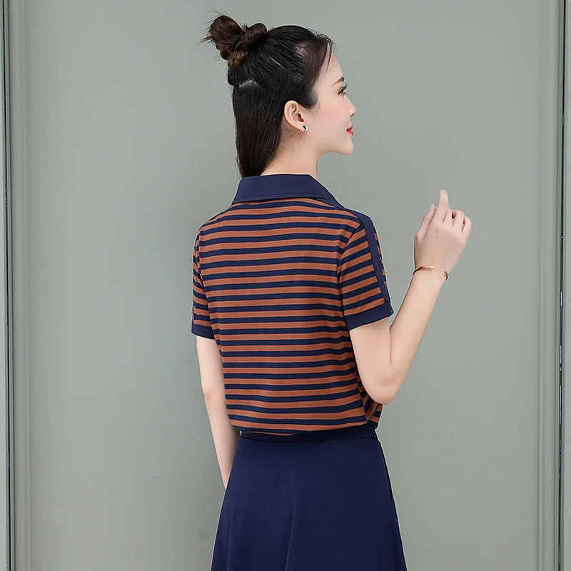 New Women'S Summer Thin Stripe Fashion Versatile Short Sleeve Mom Comfortable Versatile Loose Casual Sports Lapel Collar Top