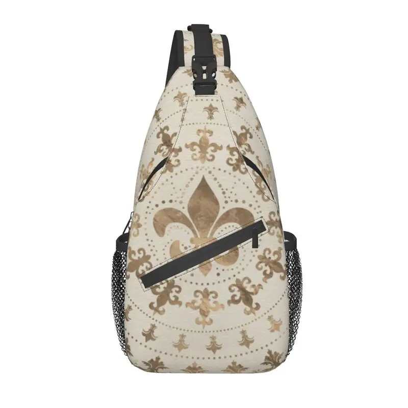 

Fleur De Lis Pastel Gold Sling Bags Men Fleur-De-Lys Lily Flower Shoulder Chest Crossbody Backpack Cycling Camping Daypack