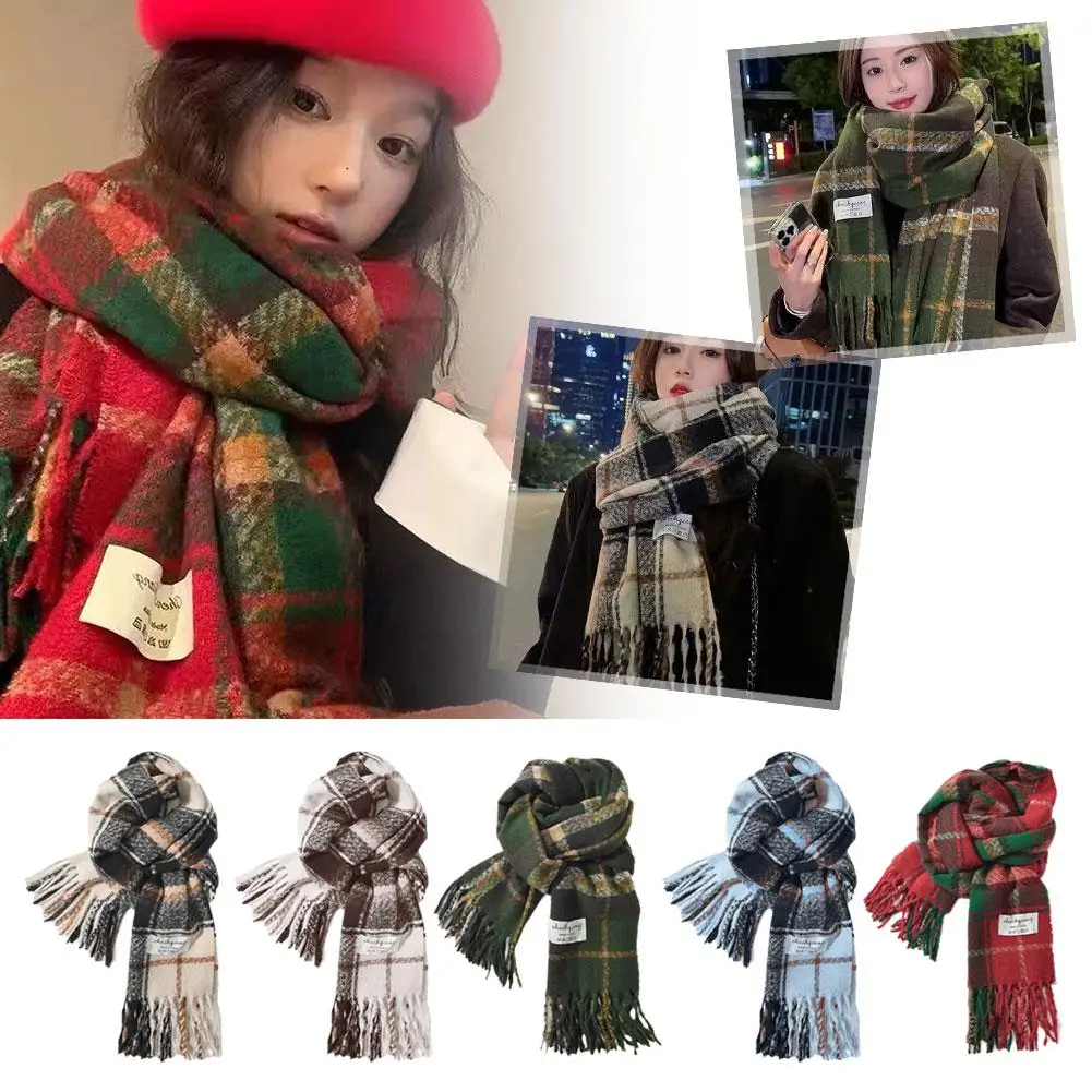 1pcs Cozy Plaid Cashmere Winter Scarf Luxury Warm Travel Scarf For Women In Red And Khaki Colors 2024 Christmas Style L9b6