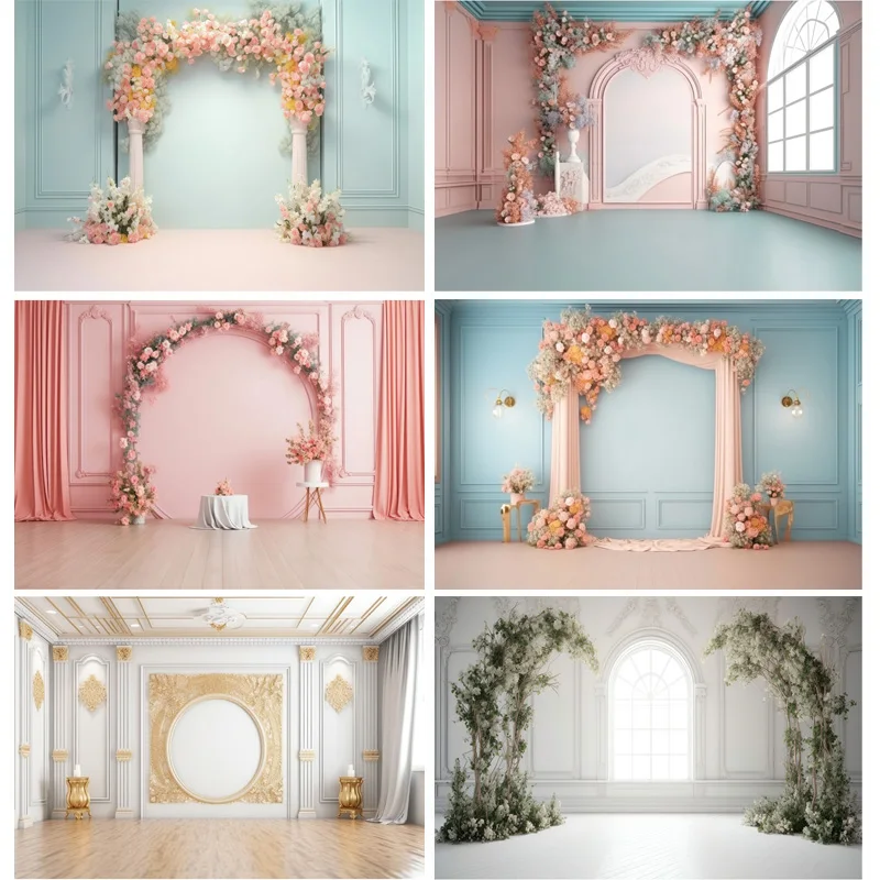 

Romantic Fantasy Wedding Gate Bouquet Photography Backdrop Props Archway With Flowers Palace Photo Studio Background HHL-03