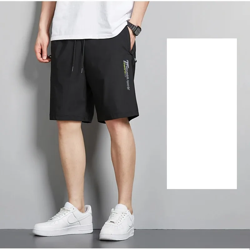 Summer Men's Letter Printing Drawstring Elastic High Waisted Solid Pockets Casual Loose Sports Casual Trousers Vintage Shorts