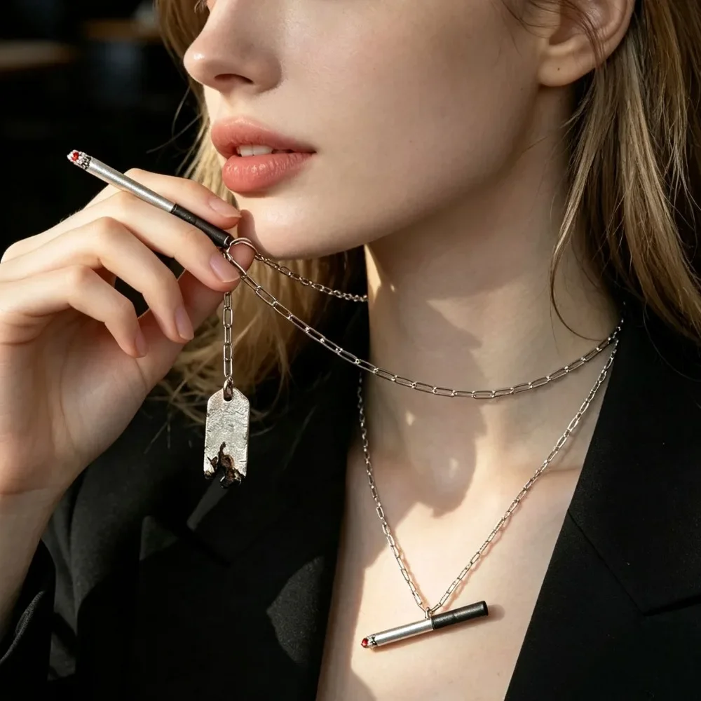 Lonely Ignited Cigarette Pendant Necklace for Men Women Hip Hop Personalized Jewelry Daily Club Party Casual Accessory Gift