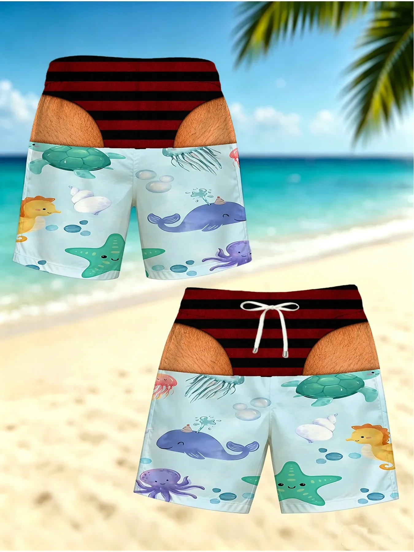 Men Summer Beach Shorts Optical Illusion Fake Briefs Watercolor Floral Sketch Boardshorts for Pool Party