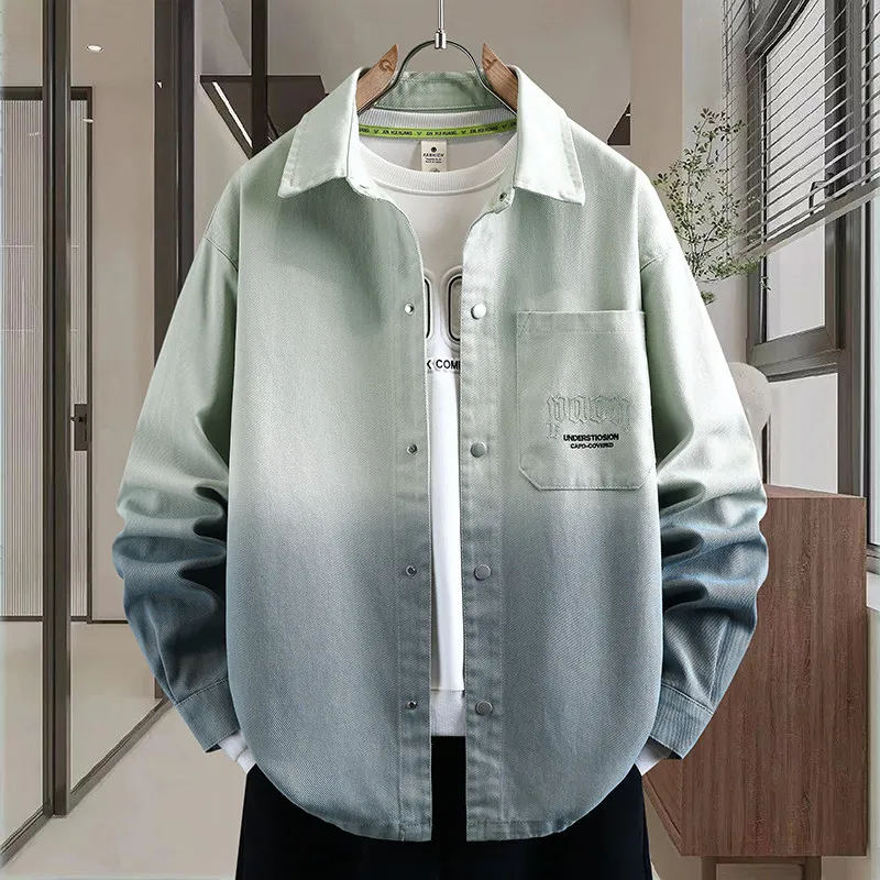 Men's Spring Autumn Square Collar Denim Jacket Casual Fashionable Gradient Long Sleeve Shirt American Style Versatile Handsome