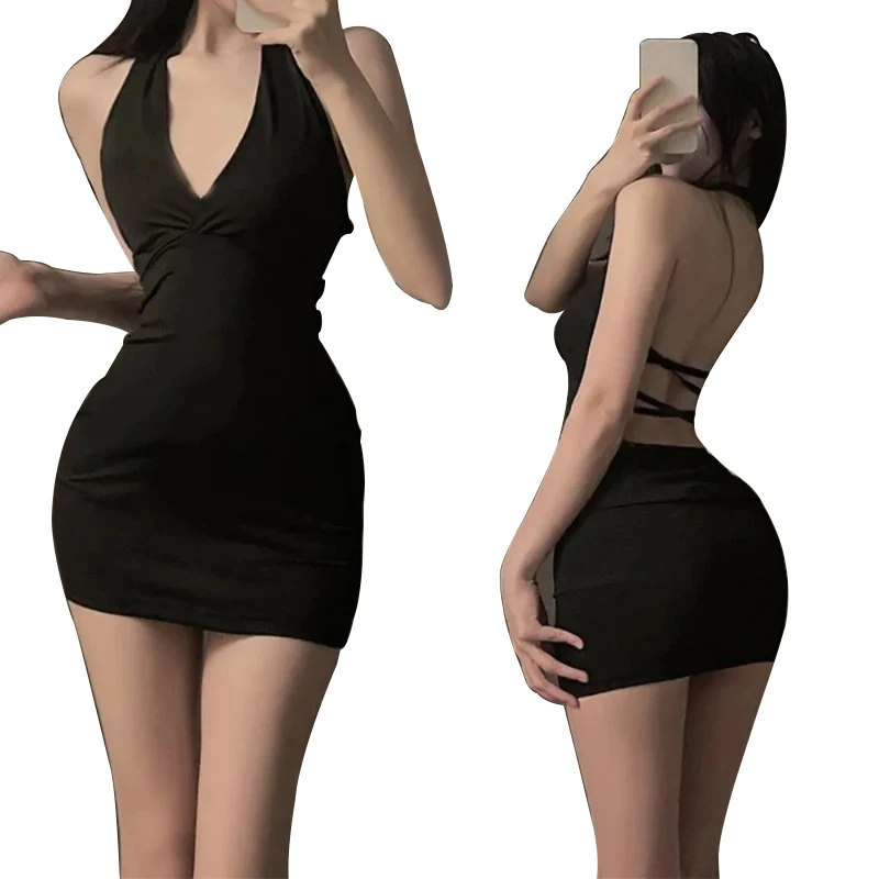Women Sexy Halter Backless Slim V-neck Wrap Black Party Night Mini Dress image 2