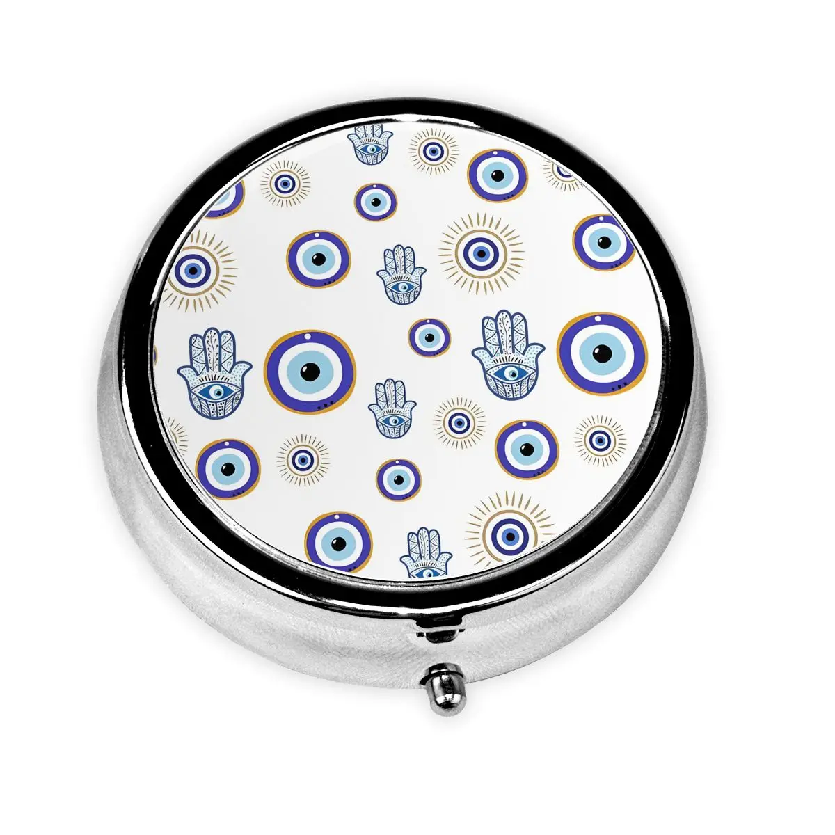 

Tribal Evil Eye Pattern Travel Round Pill Organizer Mediterranean Hamsa Lucky Charm Medicine Box Pill Case Splitters Storage Box