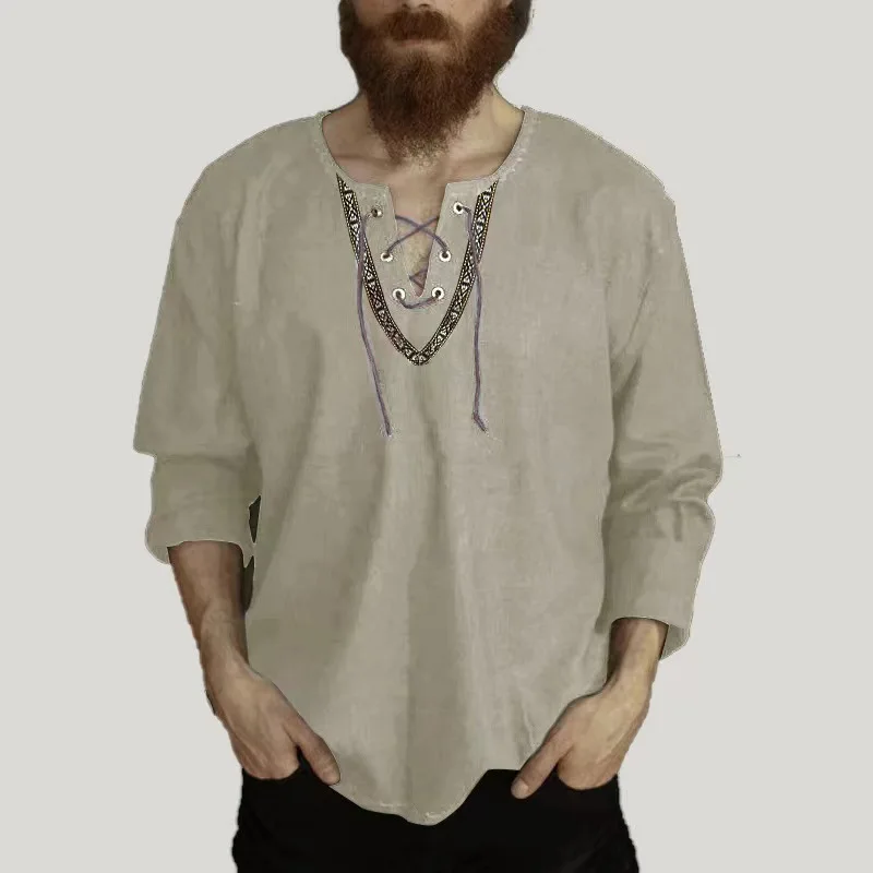 Retro algodão linho masculino solto cor sólida gola com cordão camisa de manga comprida 2026 primavera/outono camisa casual masculina
