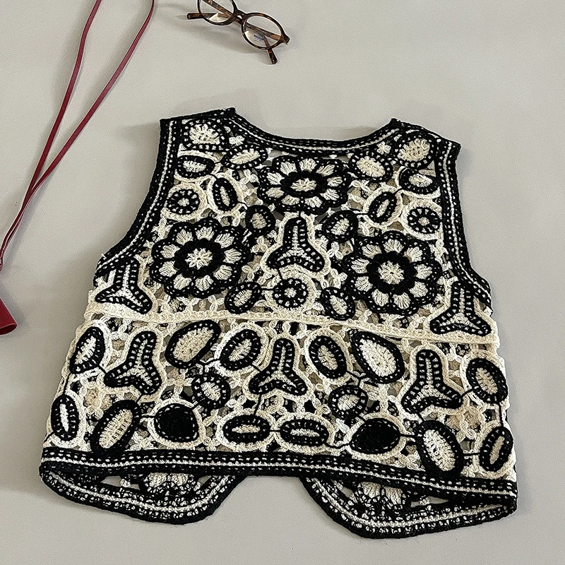 Gilet floreale ricamato all\'uncinetto per donna Giacca senza maniche sul davanti con bottoni traforati Canotte Abito estivo vintage Fairycore