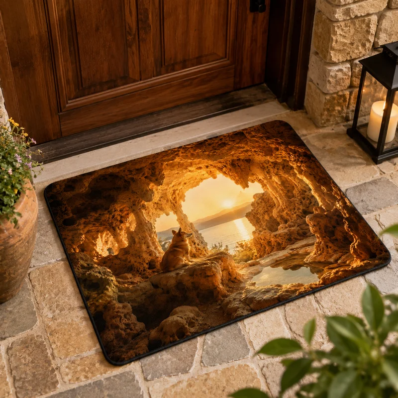 VIKAMA Warm Gold Crystal Cave Running corgi Visual Door Mat Wear resistant Machine washable Dust removing Floor Mat