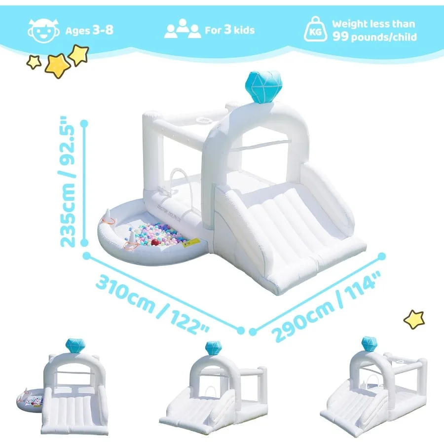 Weißes aufblasbares Hüpfhaus für Kinder im Alter von 3 bis 6 Jahren mit Bällebadern und integriertem Gebläse. Ideal Springburg für den Innen- und Außenbereich für die Geburt