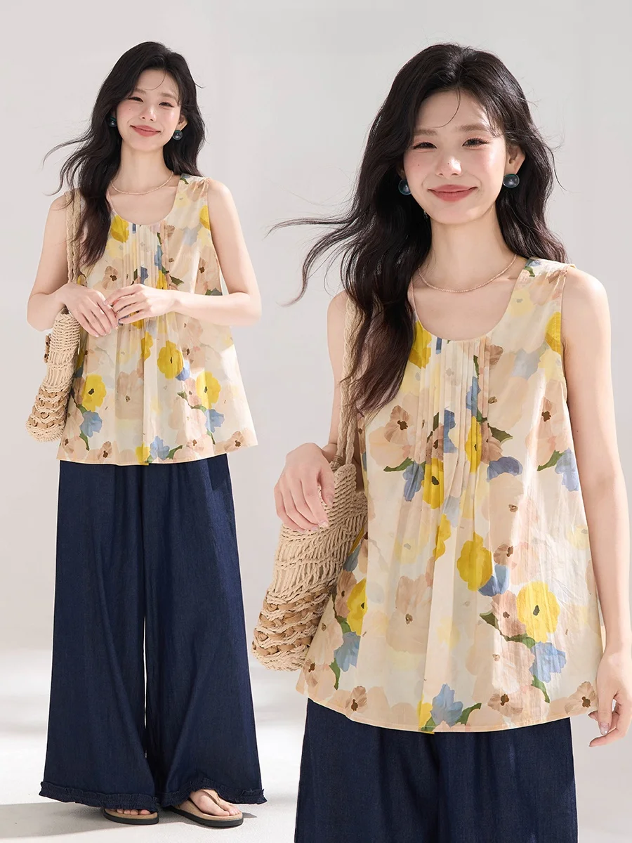 

Heme Summer Floral adient Dyeing Svel Vest Women's Sweet Sle n Loose Fit round Ne Printed Blouse Top
