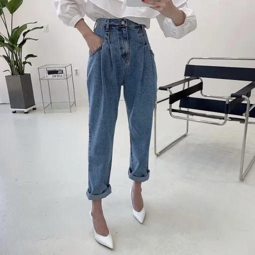 

High Waist Straight Leg Vintage Blue Denim Jeans Women's Waed Blue Nine-Piece Pants Summer New Arrival Chic Design