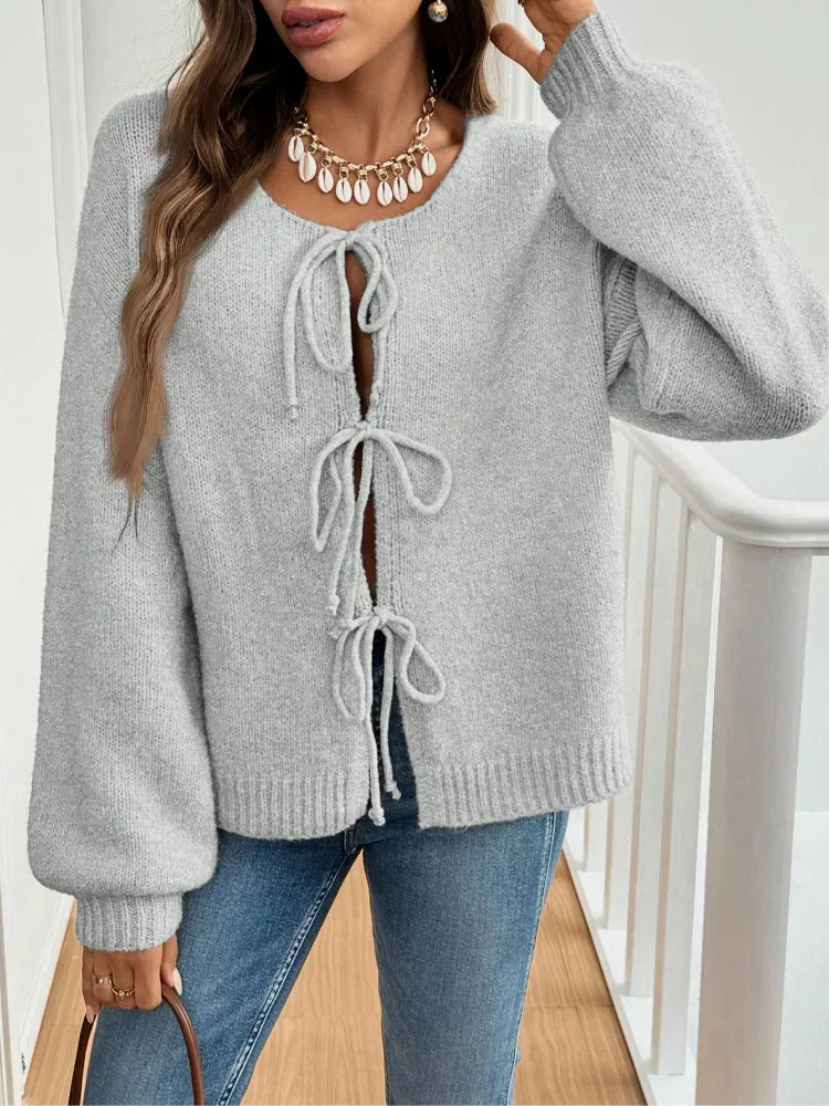 Fashion O Neck Lace Up Knit Cardigan Women Casual Solid Long Sleeve Loose Short Sweater 2024 Autumn New Lady Street Knitwear Top