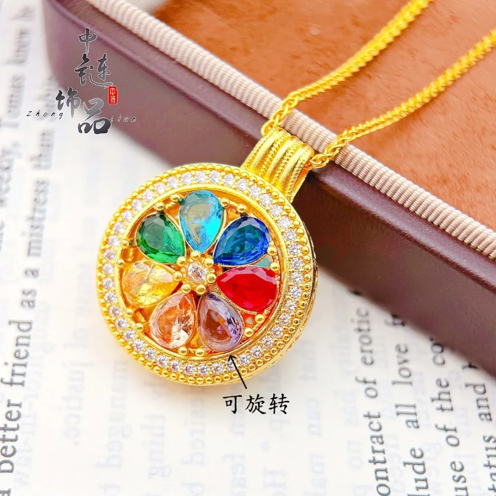 Gold micro set with rotating colorful gemstone eight treasure compass pendant 9999gold