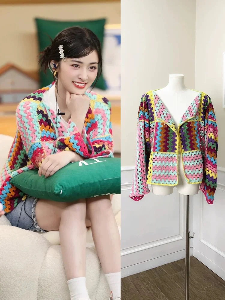 

Fashionable Loose Women's Sweater Rainbow Stripes Crochet Hollow out Design Casual Comfortable Breathable Daily Wear