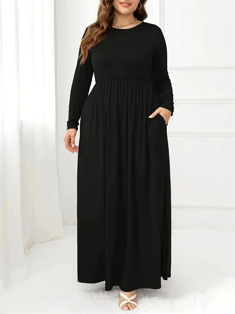 Large size solid-color dress - Cross-border European and American foreign trade independent website casual fitted long-sleeved r